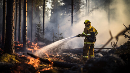 Firefighter extinguishing flames in a forest with a hose