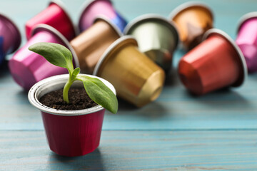 Coffee capsules and seedling on light blue wooden table, closeup. Space for text