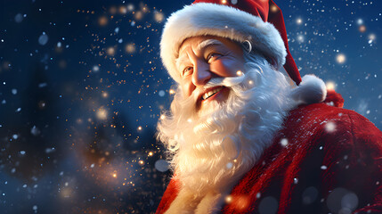 Santa claus smiling with a background of snow and bokeh light
