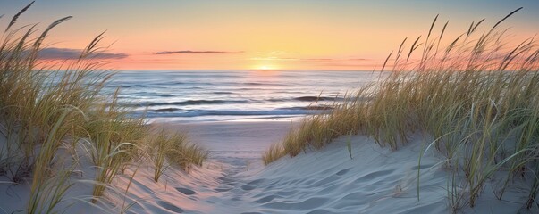 Capturing beauty of coast. Sunset at beach. Sun dips below horizon casting warm glow on sand dunes and gentle waves. Idyllic seascape with calm waters and colorful sky invites reflection and peace - Powered by Adobe