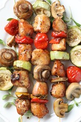 Delicious shish kebabs with vegetables and microgreens on white plate, top view