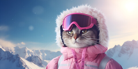 Cat wearing a furry jacket and sunglasses in the snow,Feline Frost Fashion: Cat in Snow with Furry Jacket and Sunglasses
