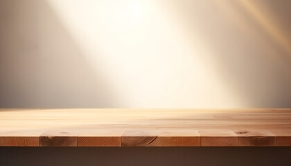 Empty minimal natural wooden table counter podium. beautiful wood grain in sunlight - obrazy, fototapety, plakaty