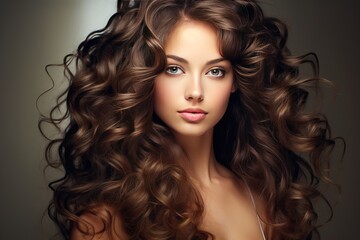 hair curly long woman Brunette hairstyle wavy girl model Beautiful coiffure make-up face fashion make up cosmetic beauty shine hairdresser haircut brown coloration bright glamour clean shampoo - obrazy, fototapety, plakaty