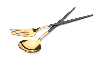 Shiny golden fork and spoon isolated on white. Luxury cutlery