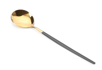 One shiny golden spoon with black handle isolated on white