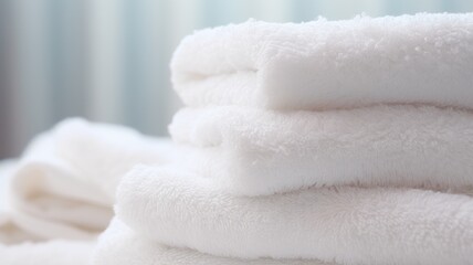 A stack of fresh white towels with a soft, fluffy texture - obrazy, fototapety, plakaty