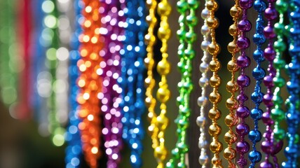 Mardi Gras necklaces hanging against a bokeh background