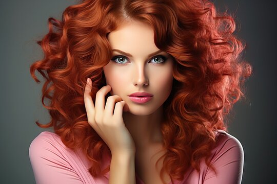 nails manicure Magenta hair red curly girl model Beautiful coiffure make-up nail make up fashion curl beauty face pink purple wig hairdresser comb curler skincare cosmetic lip polish lipstick