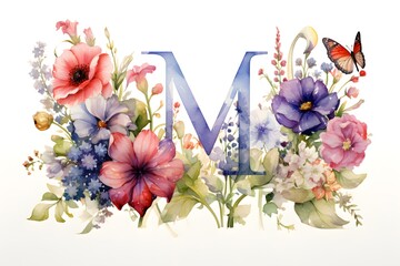 Whimsical Watercolor 'M' Clipart: Floral Nursery Decor - obrazy, fototapety, plakaty