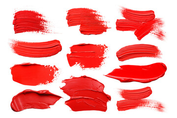 Red oil paint strokes isolated on white, top view