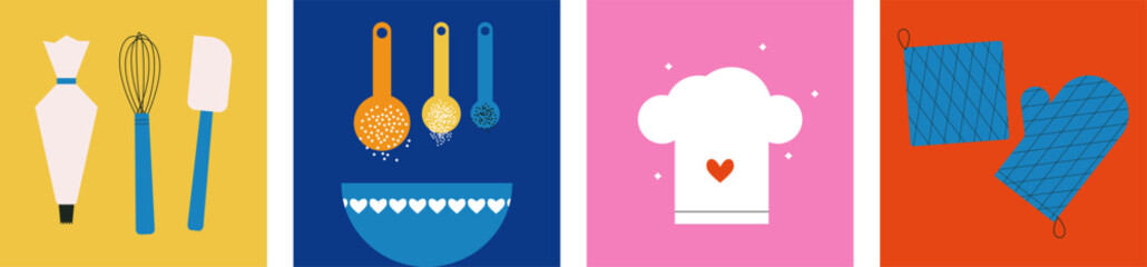 Kitchen utensils icon set. Collection of cooking food vector design elements. Kitchenware for cooking and baking. Pastry bag, icing. Spatula. Whisk. Flat vector illustration. Trendy abstract style. - obrazy, fototapety, plakaty