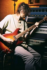 man recording new sounds at studio while playing electro guitar. vertical orientation
