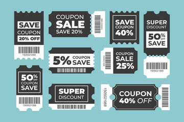 Various Vintage Discount promotion voucher set collection, special offer gift coupon template with ruffle edges and barcode, gift voucher, coupon book, 