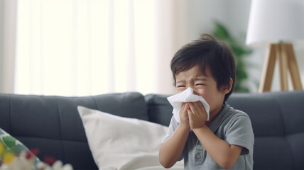 ティッシュで鼻をかむ男の子　Asian boy blowing his nose with tissue - obrazy, fototapety, plakaty