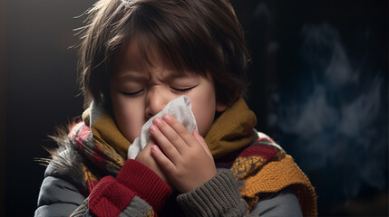 ティッシュで鼻をかむ男の子　Asian boy blowing his nose with tissue - obrazy, fototapety, plakaty