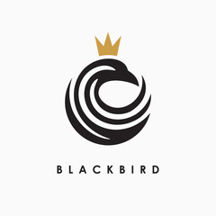 Black bird unique abstract symbol with golden crown. Blackbird logo idea perfect for fashion business. Vector logo design illustration.