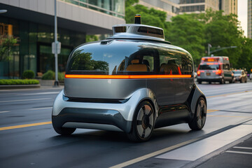 A self-driving car navigating through urban streets, exemplifying the intelligence and decision-making capabilities of autonomous vehicles. Concept of intelligent transportation. Generative Ai.