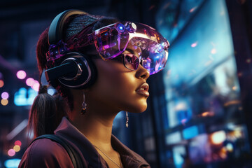 An AI-enhanced virtual reality experience, immersing users in a simulated environment and showcasing the entertainment applications of artificial intelligence.  Generative Ai.