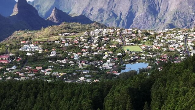 The town of Cilaos on Reunion Island seen from the sky