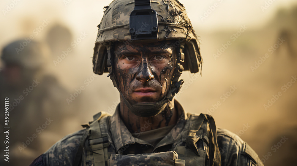 Wall mural Portrait of a Soldier in a War. Generative AI