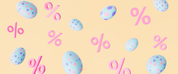 3d rendering of blue and pink polka-dotted Easter eggs floating amidst pink percentage symbols on a pale yellow background, symbolizing a festive sale. - obrazy, fototapety, plakaty