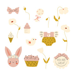 Baby clothing and flowers set in hand drawn style.  Clothing for infant boy or girl.