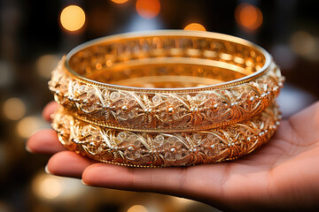 A hand holding an intricately designed golden bracelet with detailed patterns, symbolizing luxury...