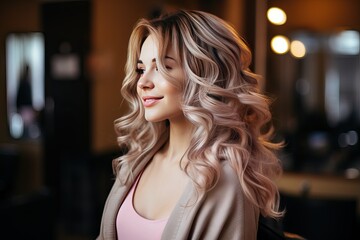 salon hair highlights making dyeing woman young hairstyle Beautiful hairdresser client comb cut highlight care paint dye dyed haircut studio accessory adult coiffure head female dresser colours - obrazy, fototapety, plakaty