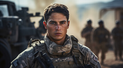 Fototapeta premium Portrait of a Soldier in a War. Generative AI