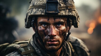 Fototapeta premium Portrait of a Soldier in a War. Generative AI