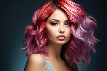 Fototapeta premium face Beauty hairstyle makeup classic hair multicolored girl Beautiful make-up paint many-coloured colours rainbow gradient colouring wave curl braid model fashion style creative art unusual