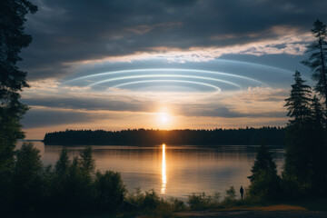 Fototapeta premium A rare occurrence of a sun halo encircling the solar disc, captivating observers with its celestial allure. Concept of atmospheric optics. Generative Ai.