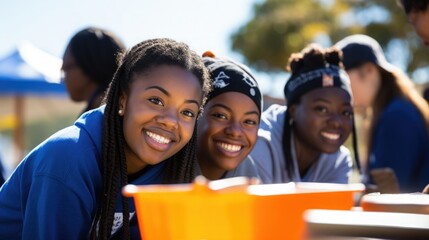 Group of teens volunteering at a community service event, sense of accomplishment
