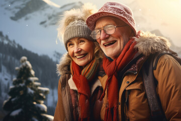 Senior couple of tourists in snowy mountains