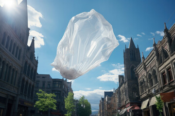 Plastic bag flying on a city street, environmental pollution concept