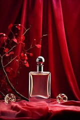 red perfume bottle surrounded by red flowers. Transparent bottle of perfume. Vertical orientation
