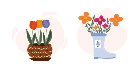 Floral illustrations set  - flowers in garden boot and flowers in pot, with pink spot, on  isolated background. For invitations, prints, logos.