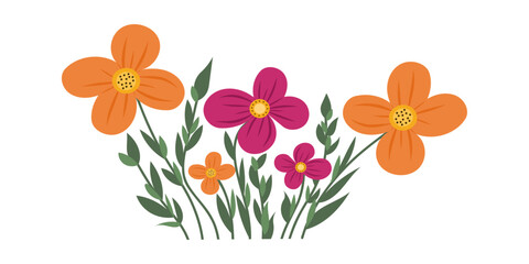 Vector bouquet flowers illustration on isolated background. Flat style. Bright orange and red flowers. For posters, postcards.