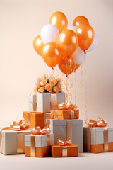 Gifts with colorful wrappers and balloons