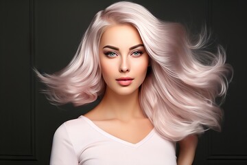 makeup cosmetics Fashion salon beauty done hairstyle Stylish blond ultra coloring hair girl Beautiful coloration beautician parlour bright colours colouring cosmetic curl curly elegance face female - obrazy, fototapety, plakaty