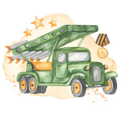 Watercolor card with military truck, rocket launcher, military transport, war, for invitations, victory day, greeting template