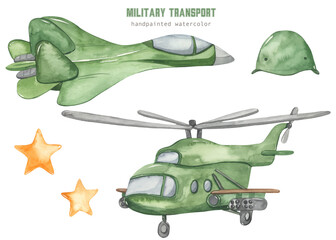 Watercolor military transport, military helicopter, military equipment, military aircraft, fighter, war