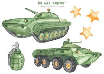 Watercolor military transport, armored personnel carrier, infantry fighting vehicle, military equipment, armored personnel carrier, tank, war