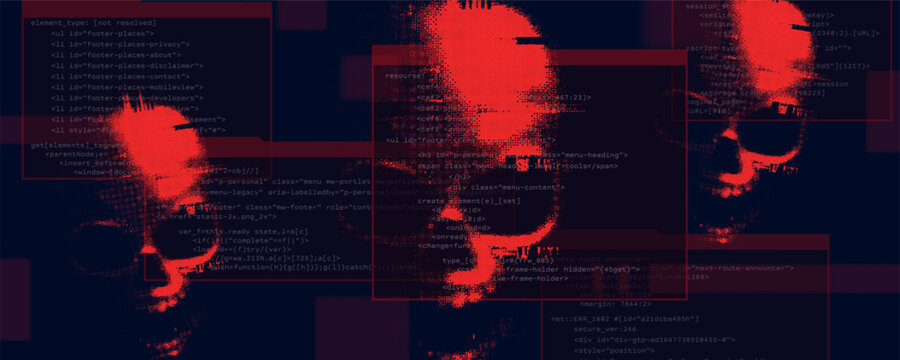 Hacked system or cyber attack. Glitched sign skull on programming code background. Vector illustration.