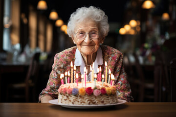 Senior woman old lady celebrating birthday with cake with candles - obrazy, fototapety, plakaty