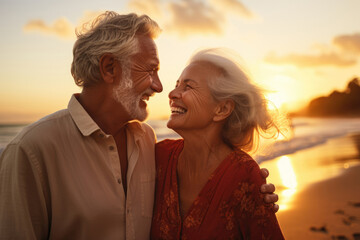 Elderly couple in love on the seashore on vacation relaxing