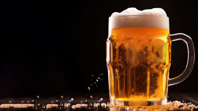 A close up of a mug of beer with foam on a table on dark background.perfect for promoting bars, breweries, Oktoberfest events, or any beer-related content in need of a detailed beer image.
