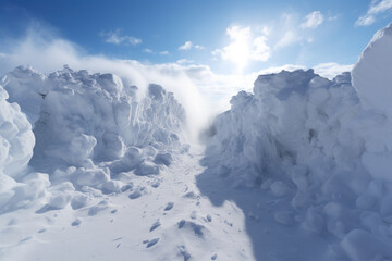 A dense and impenetrable wall of snow during a blizzard, showcasing the intensity of a winter storm. Concept of blizzard conditions. Generative Ai.