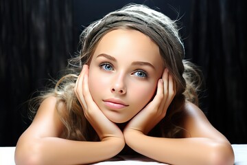 Fototapeta premium Face Touching Girl Beautiful attractive background beauty body care cheerful clean clear closeup complexion cosmetic cream eye facial fashion female fresh glamour hair hand happy head health